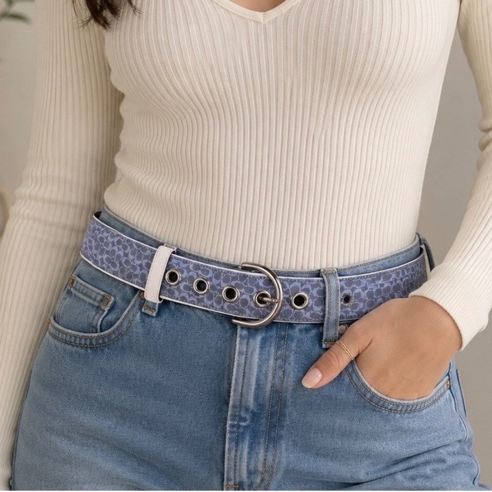 Coach Vintage Signature C Jacquard Blue White Leather Belt Petite Silver Buckle
